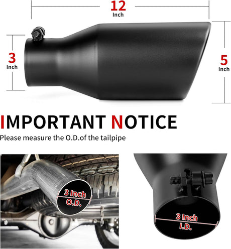 Richeer 3" Inlet Black Exhaust Tip, 5" Outlet, 12" Length, Universal for Vehicles with 3" O.D.Tailpipe, Rolled Edge, Bolt on