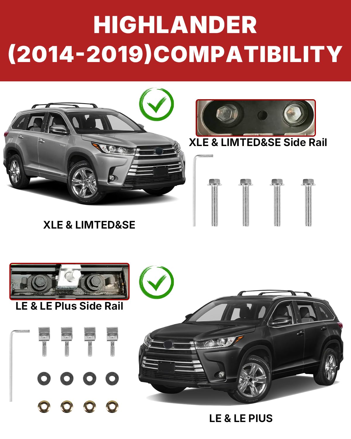 Richeer 220LBS Roof Rack Cross Bars (2014-2019 Highlander XLE/Limited & SE/LE/LE Plus/LE), Heavy Duty Aluminum Cross Bar）