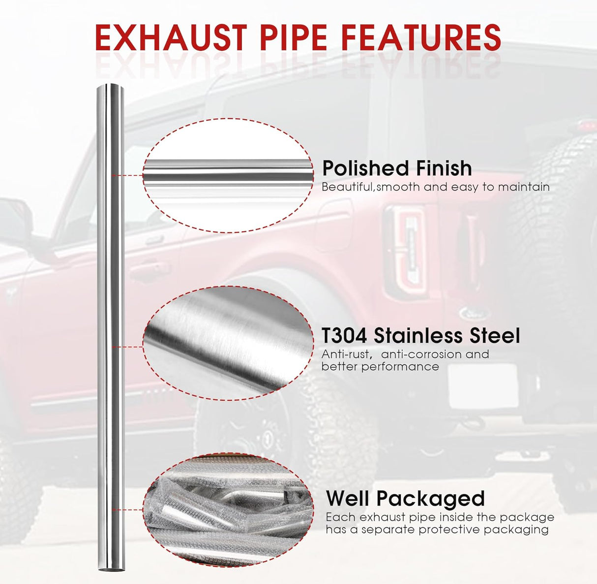 Richeer 2.5" O.D. T304 Stainless Steel DIY Custom Exhaust Tubing, Universal Fit (Set of 8)