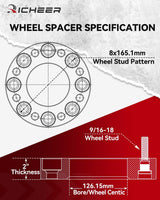 Richeer 2'' 8x6.5 Wheel Spacers  8x165.1mm with 9/16-18 Studs & 126.15mm Center Bore