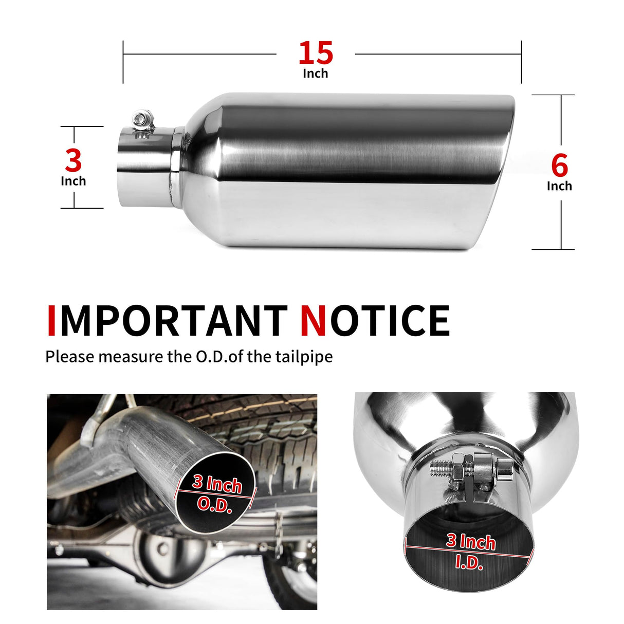 Richeer 3" Inlet Exhaust Tip 6” Outlet 15” Overall Length Stainless Steel Exhaust Tip