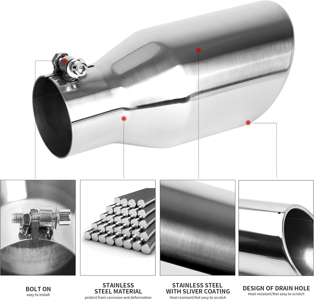 Richeer 2.5-4 inch Exhaust Tip, 2.5" Inlet 4” Outlet 9” Overall Length Stainless Steel Exhaust Tip