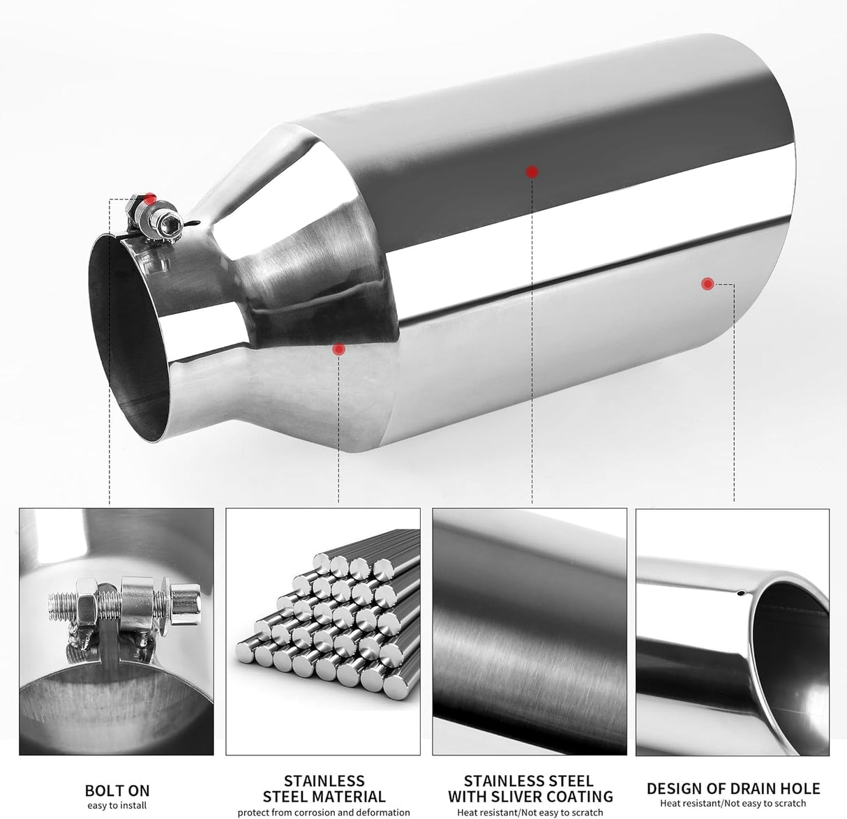 Richeer 4" Inlet to 7" Outlet Exhaust Tip 15" Length Polished Stainless Steel Universal for 4" O.D. Tailpipe