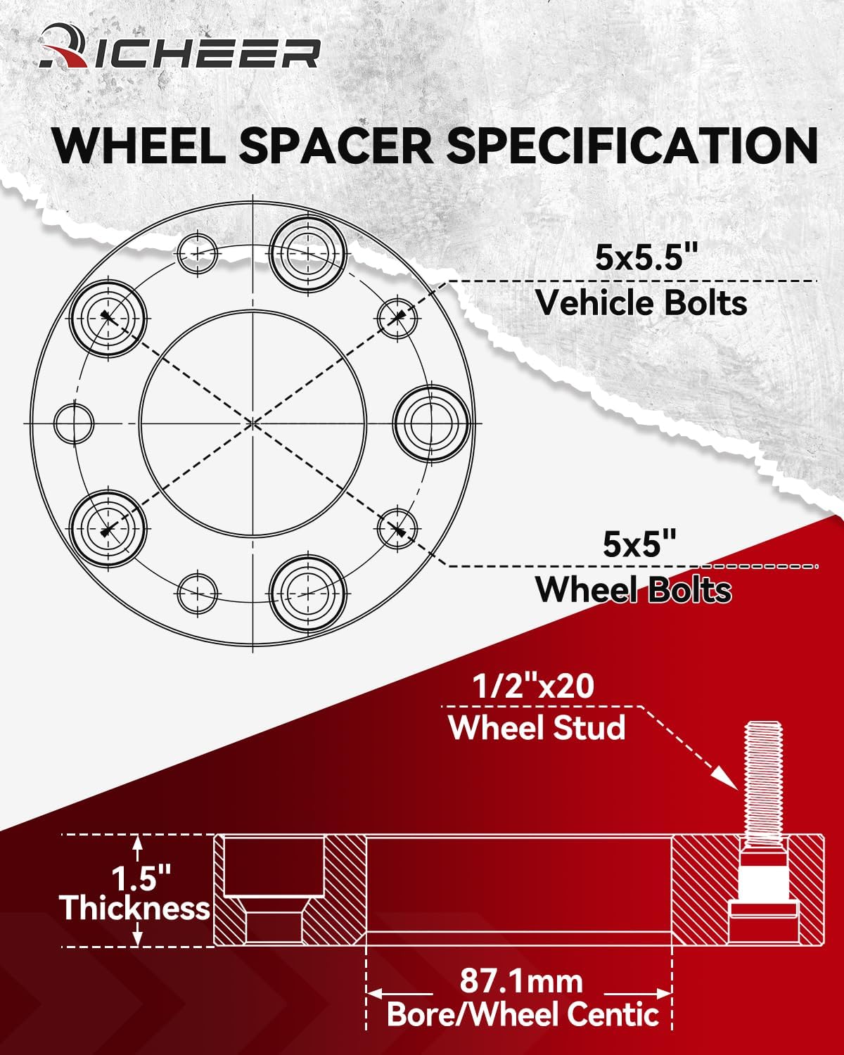 Richeer 1.5" 5x5.5" to 5x5“ Wheel Adapter for Off-Road Vehicles (Ford, Ram & More)