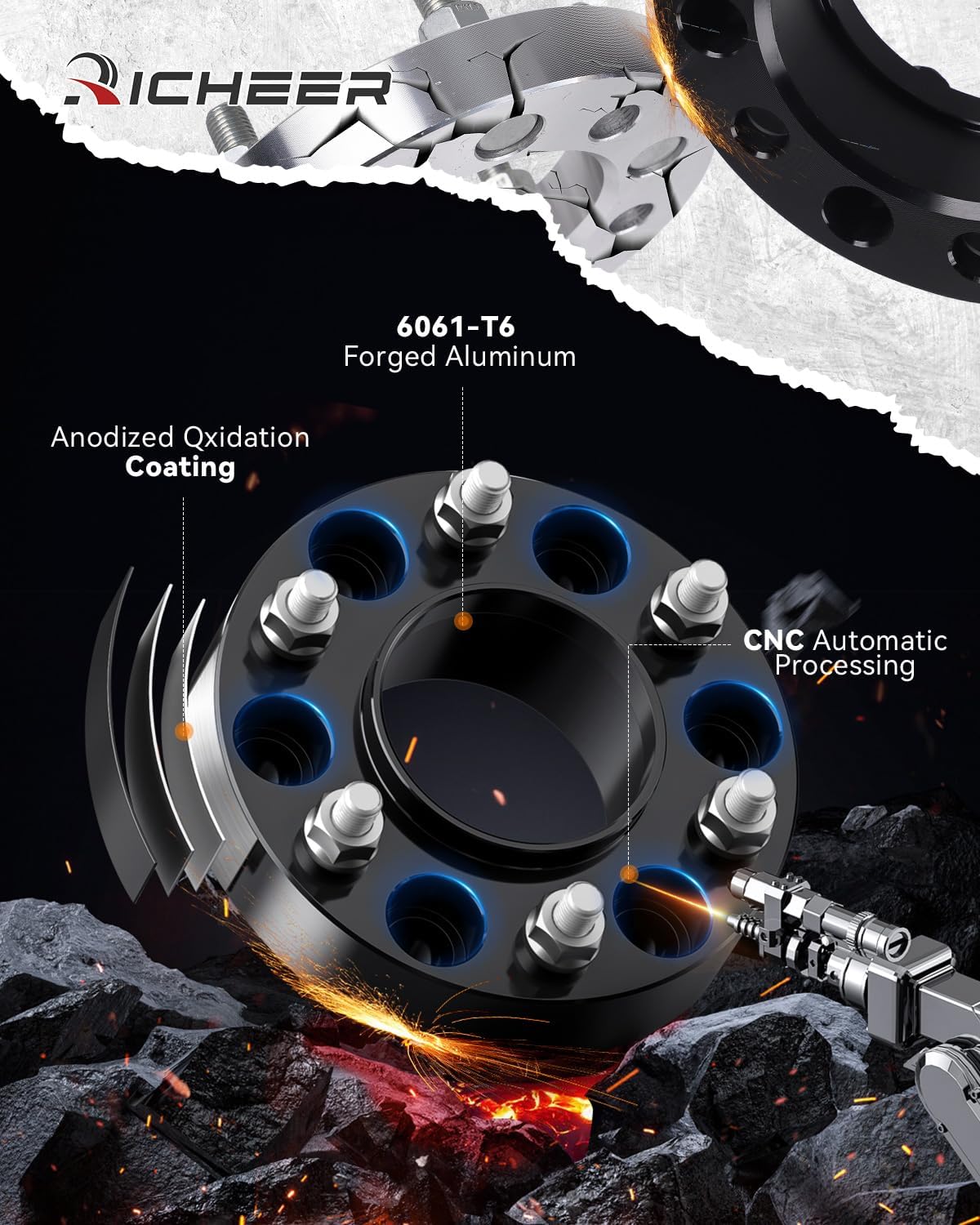 Richeer 6x5.5" Hub Centric Wheel Spacers Fits 1999+ Chevy Silverado 2023+ Colorado 1999+ GMC Sierra 2023+ Canyon-1.25" Thick Black