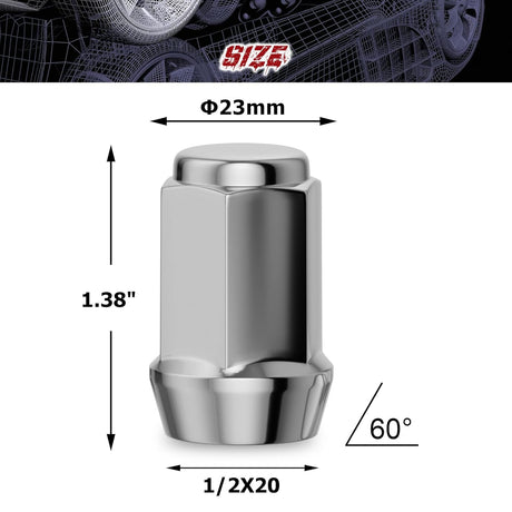 Richeer 1/2-20 Lug Nuts, 20PCS Bulge Acorn, Closed End for Trucks & SUVs - Chrome 1.38"
