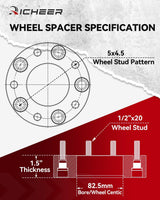 Richeer 1.5" 5x4.5" Wheel SpacersWheel Spacer for Wrangler Ranger Explorer Mustang Edge with 1/2-20 Studs 82.5mm Center Bore