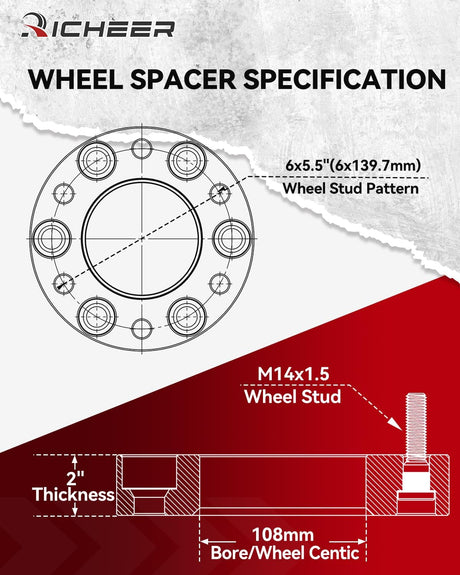 Richeer 2" 6x5.5" Wheel Spacers for Off-Road Vehicles(Chevy, GMC, Cadillac & More)
