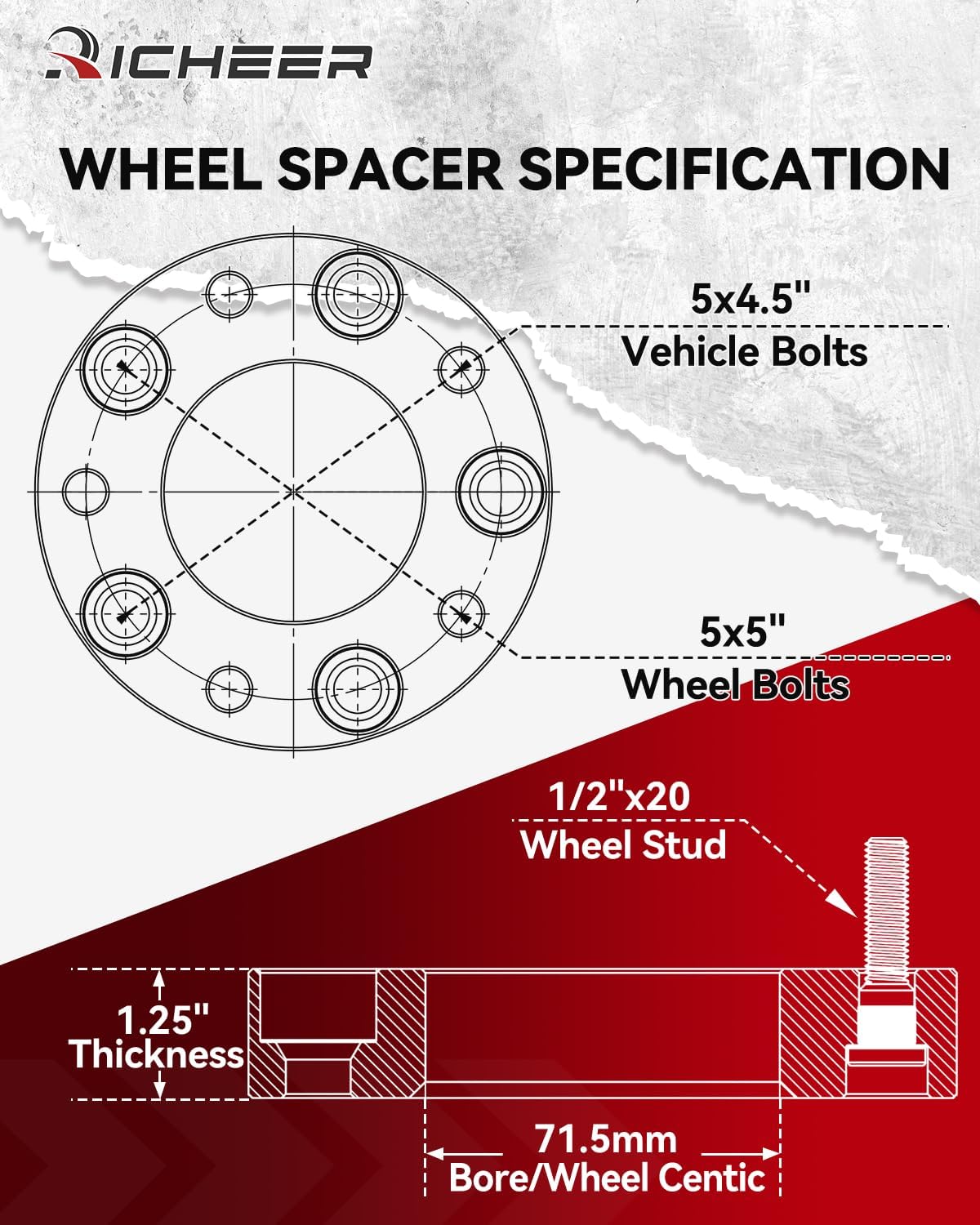 Richeer 1.25" 5x4.5 to 5x5 Wheel Adapters 4PCS(Ford Jeep)