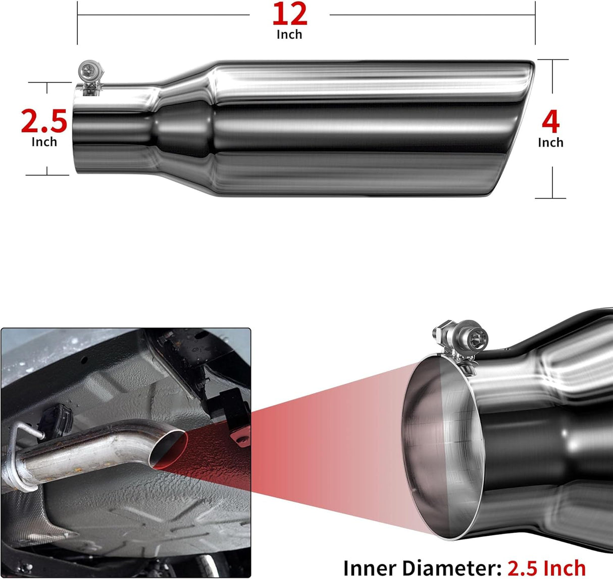 Richeer 2.5" Inlet Exhaust Tip, 2.5" Inlet 4" Outlet 12" long Stainless Steel Exhaust Tip