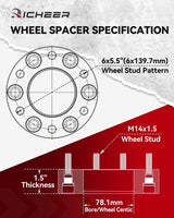 Richeer 1.5'' 6x5.5 Hub Centric Wheel Spacer with 14x1.5 Studs & 78.1mm Bore