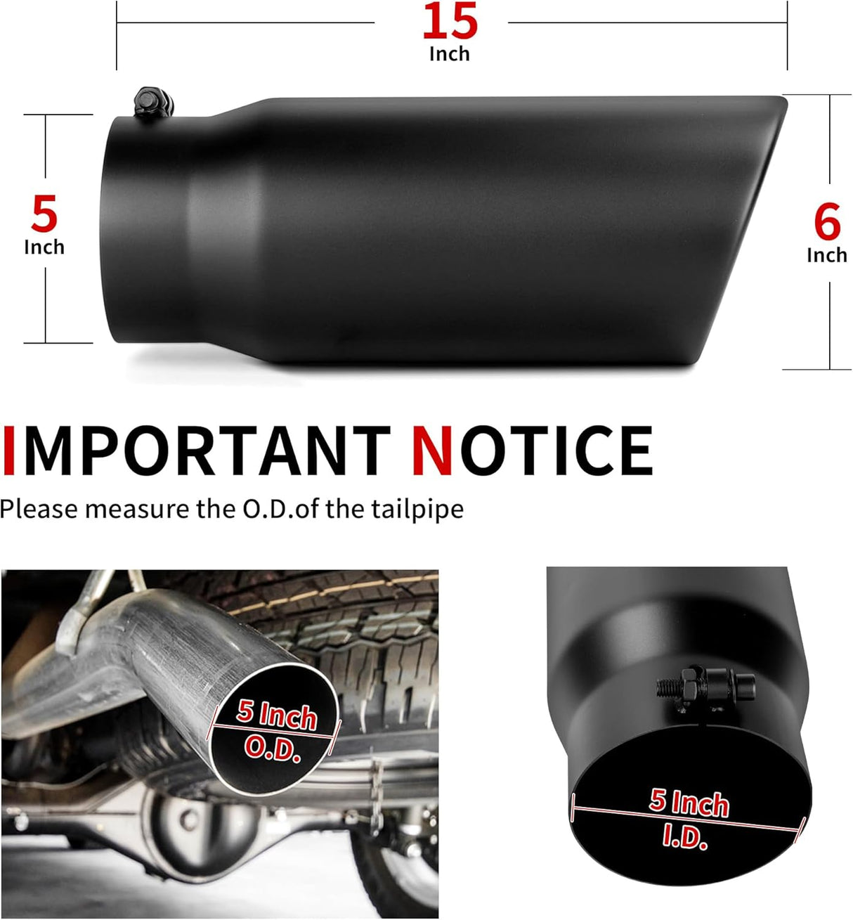 Richeer 5-6" Exhaust Tip, 5" Inlet 6” Outlet 15” Overall Length, Stainless Steel