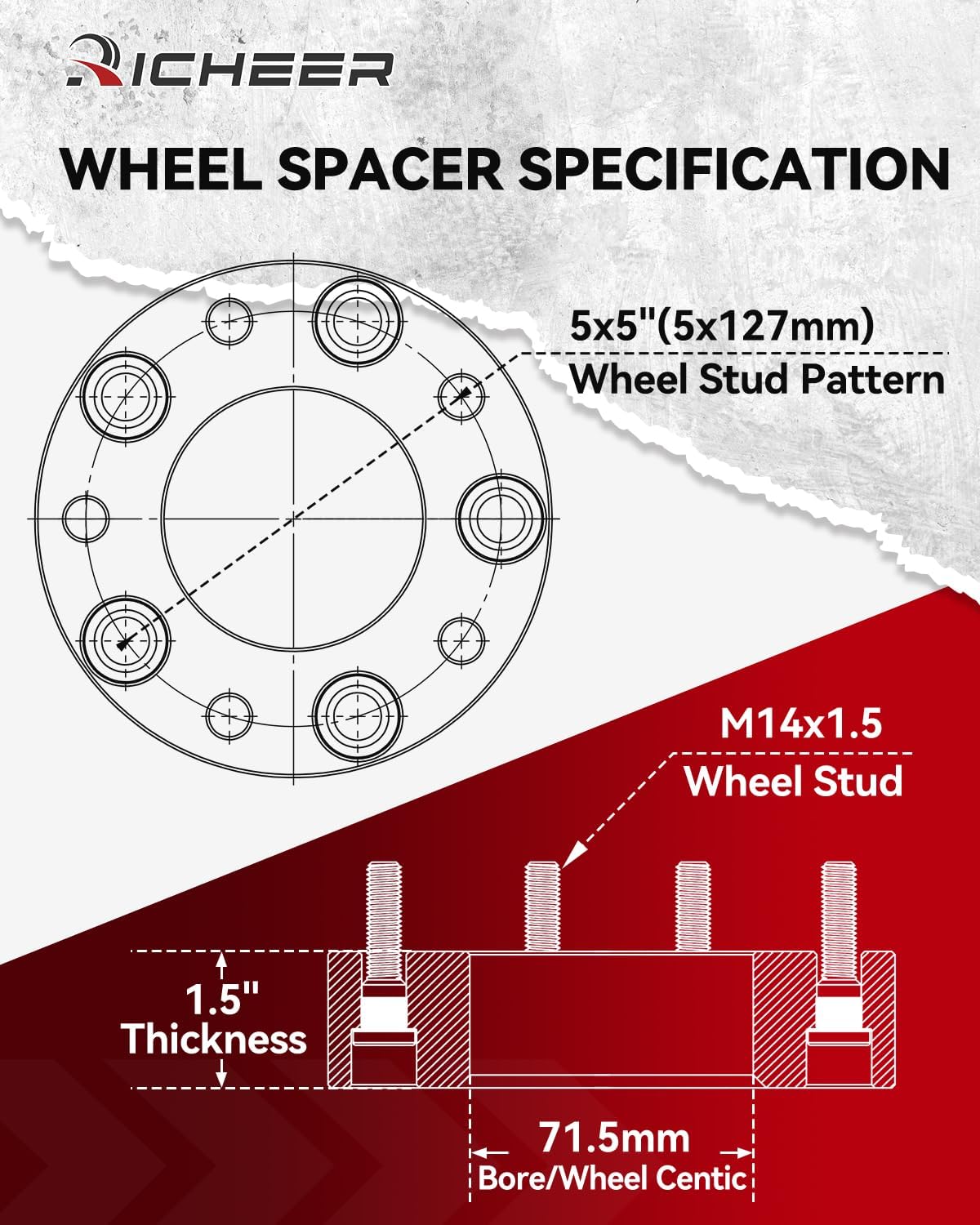 Richeer 1.5" 5x5 Wheel Spacers  with 14x1.5 Studs & 71.5mm bore