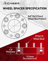 Richeer 1.5" 5x5 Wheel Spacers  with 14x1.5 Studs & 71.5mm bore