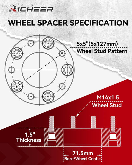 Richeer 1.5" 5x5 Wheel Spacers  with 14x1.5 Studs & 71.5mm bore