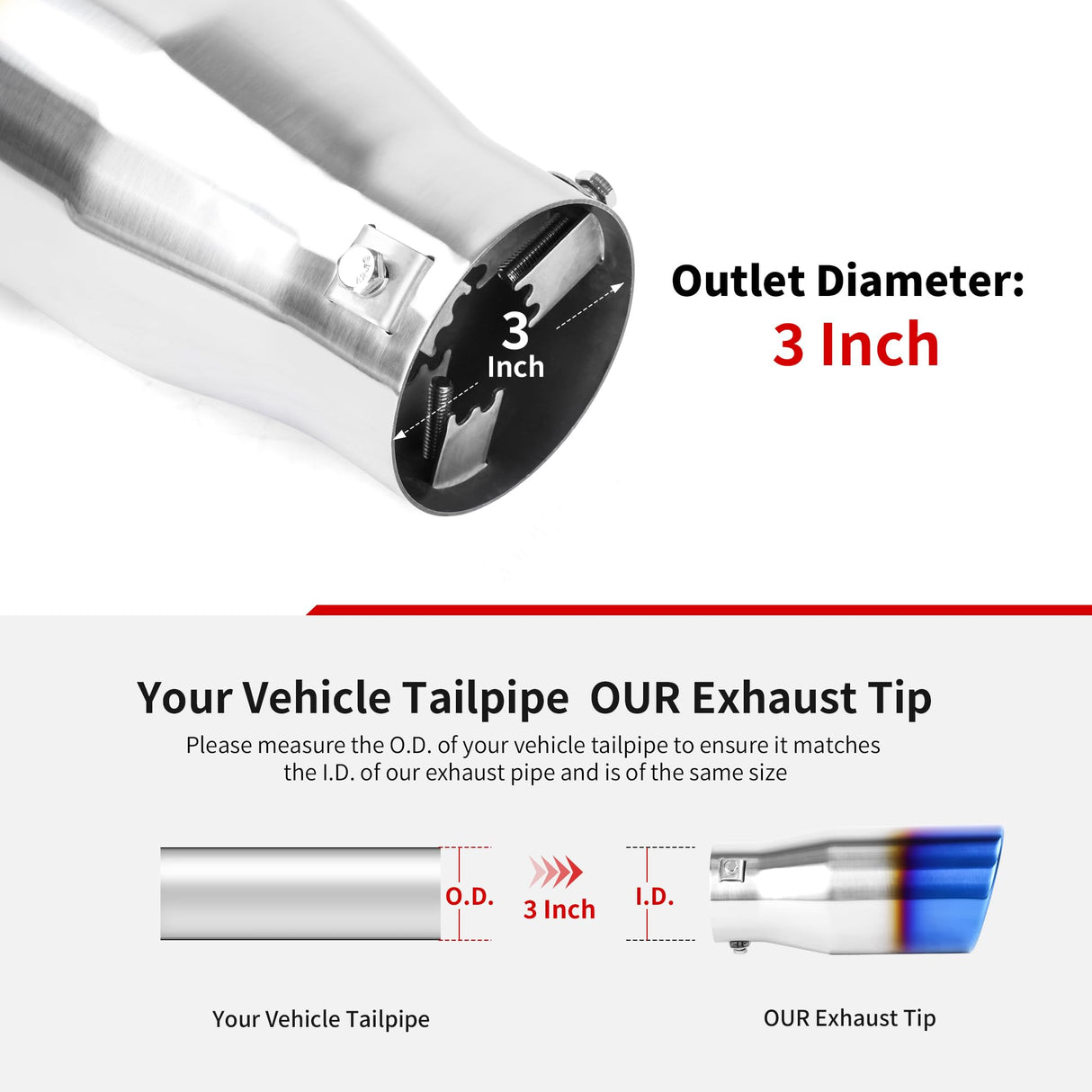 Richeer 3-4" Blue Burnt Exhaust Tip, 3" Inlet 4” Outlet 9”, Overall Length Stainless Steel Exhaust Tip