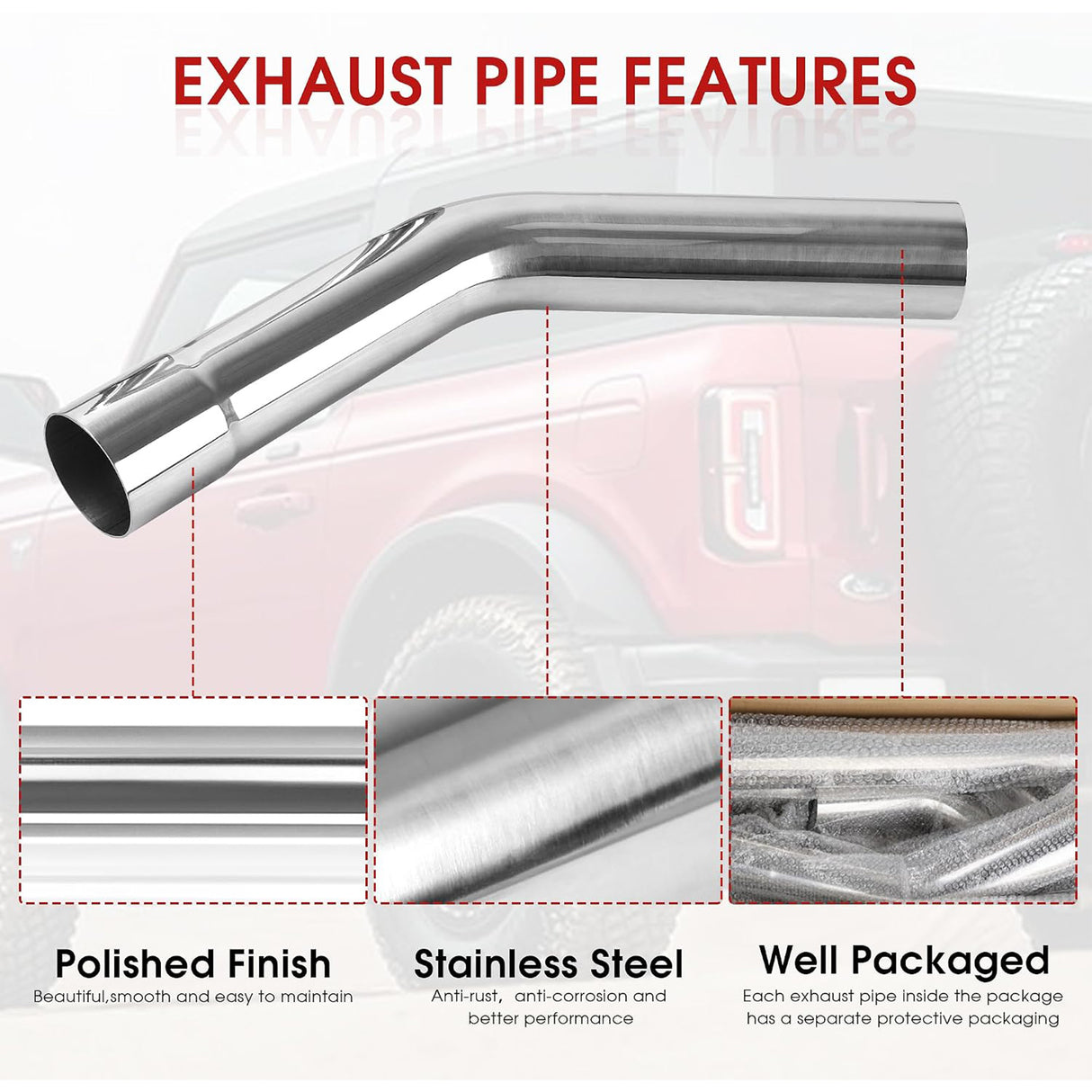 Richeer 2.5" O.D. T304 Stainless Steel Exhaust Pipe 45 Degree Elbow (2PCS)