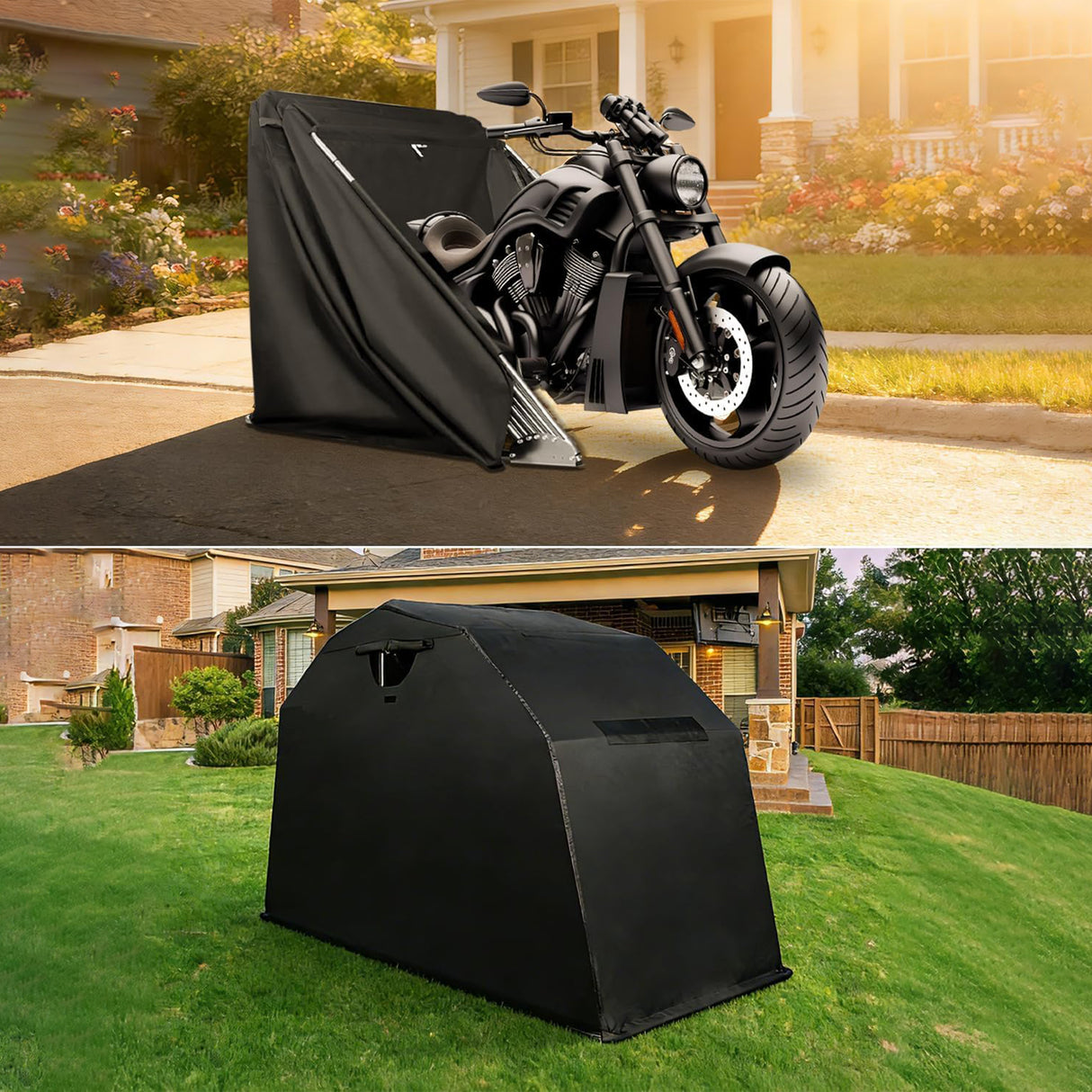 Richeer Heavy‑Duty Foldable Mo torcycle Shelter– 136"x54" x75" 600D Oxford fabric, Anti‑Rust Steel Poles, Double‑Triangle Windproof Design, Fits storing motorcycles, scooters, bicycles, electric bikes