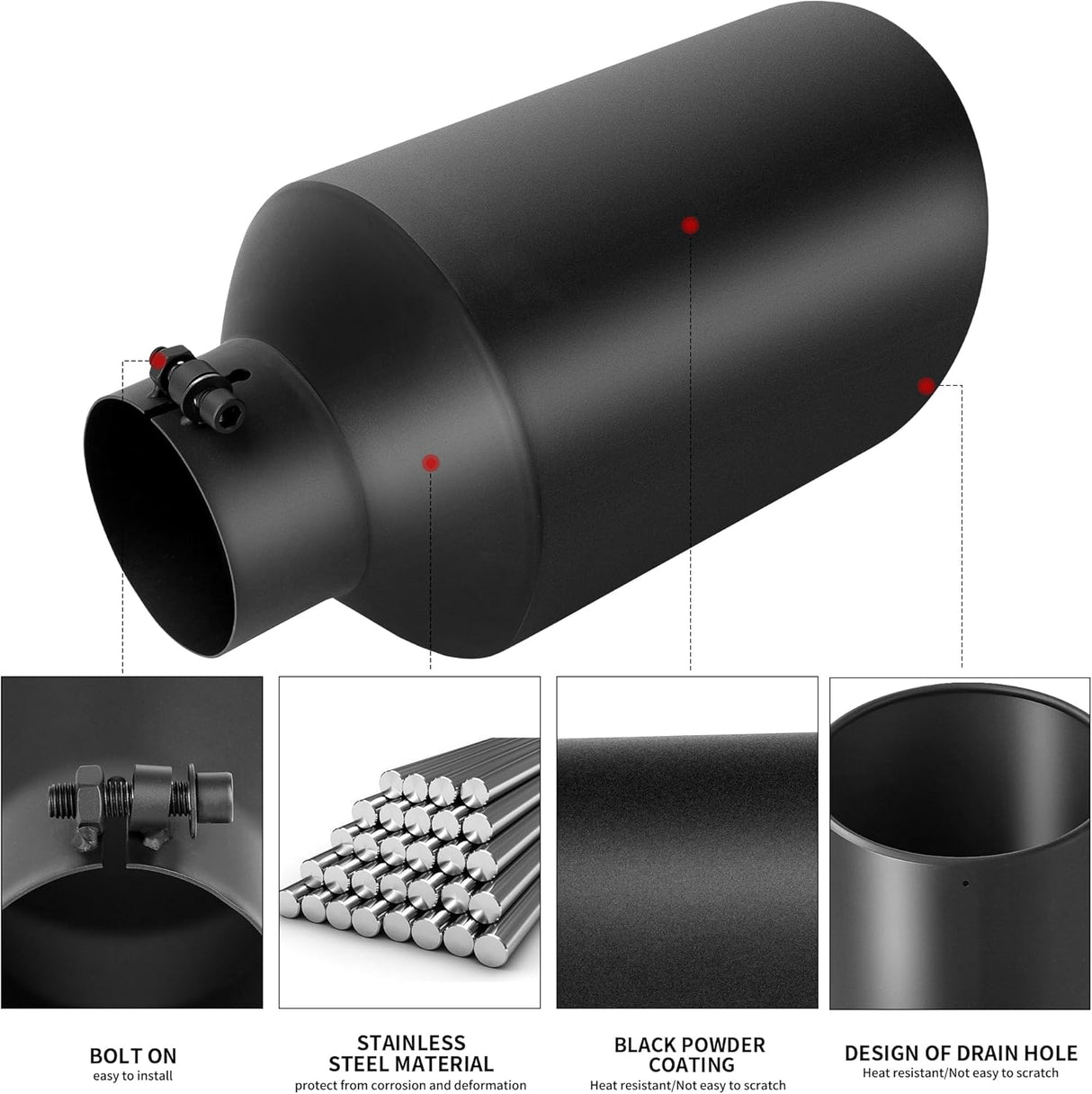 Richeer 4" Inlet Exhaust Tip 8" Outlet 15" Length, Black Powder Coated Stainless Steel