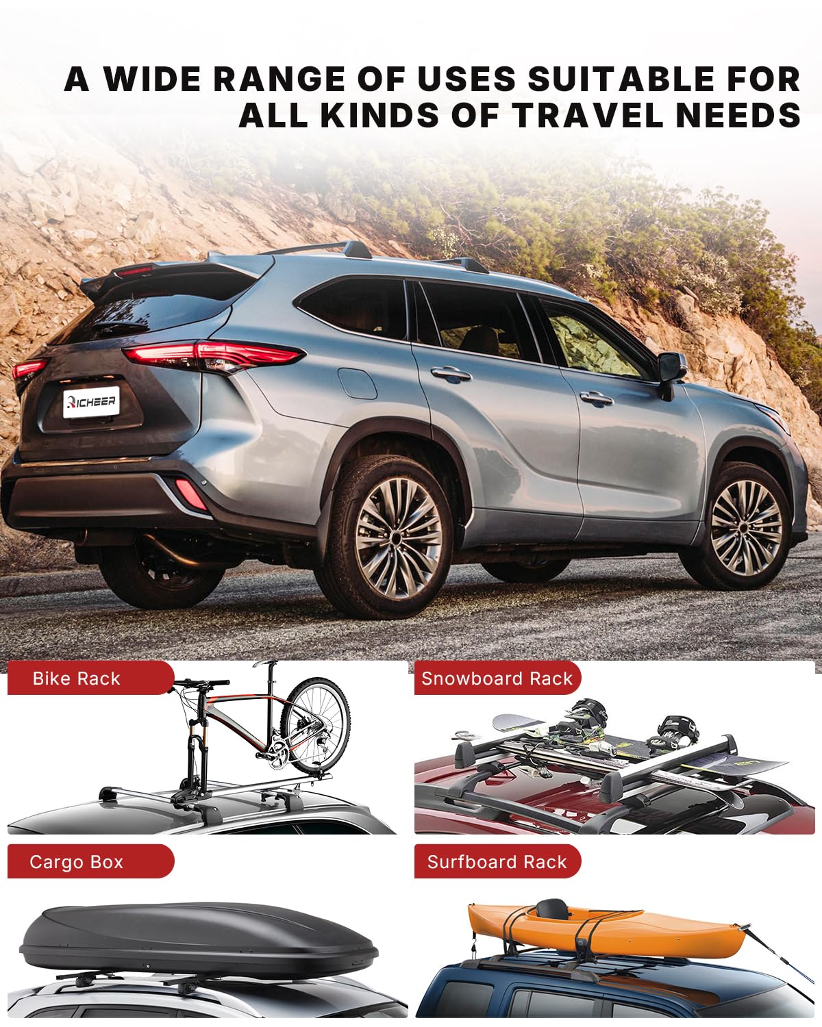 Richeer 260LBS Roof Rack Cross Bars (2020-2025 Highlander XLE XSE Limited Platinum Hybrid), Heavy Duty Aluminum Cross Bar