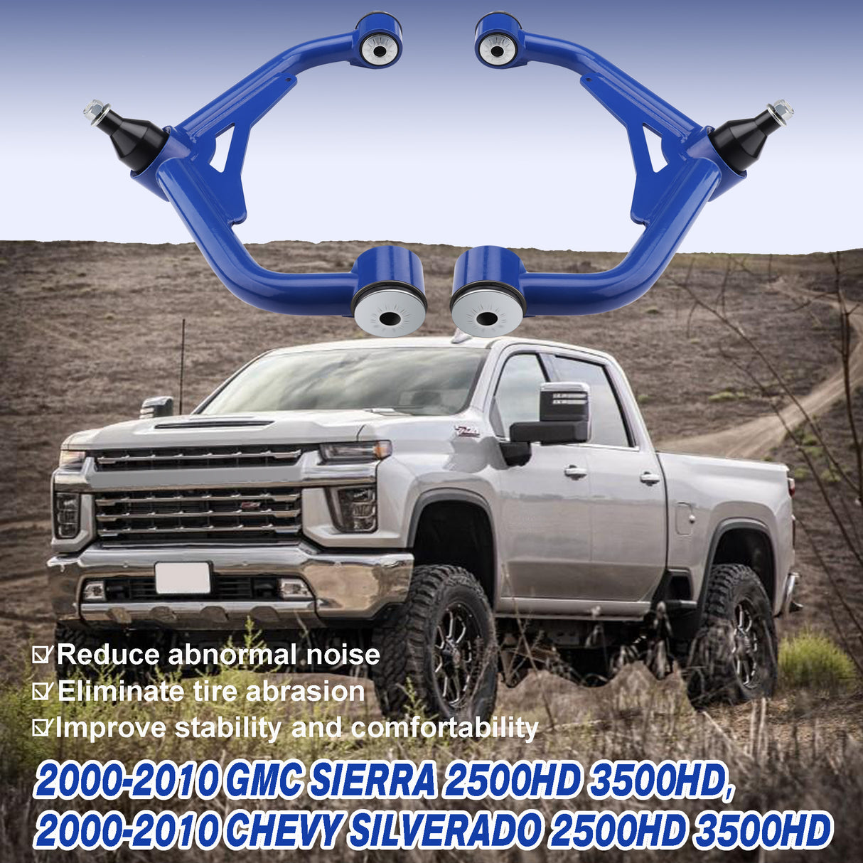 Richeer 2-4" Front Upper Control Arms in Blue for 00-10 Silverado 2500HD and Compatible Models