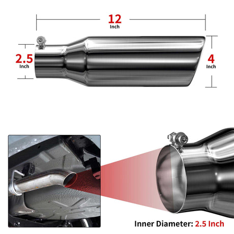 Richeer 2.5" Inlet Exhaust Tip, 4" Outlet, 12" Length, Stainless Steel, Universal