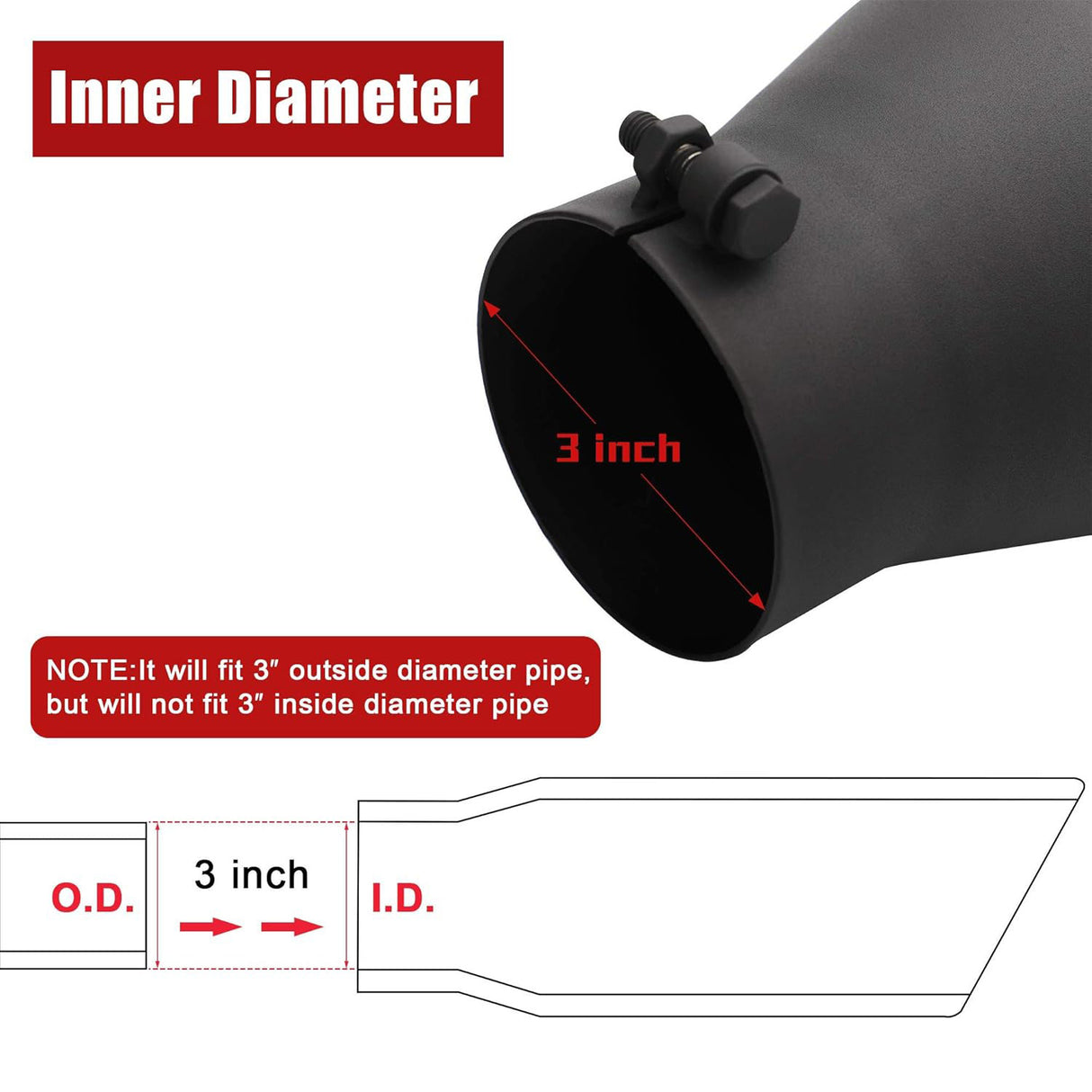 Richeer 3" Inlet Black Exhaust Tip, 5" Outlet, 12" Length, Universal