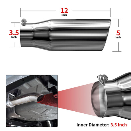 Richeer 3.5" Inlet Exhaust Tip, 5" Outlet, 12" Length, Stainless Steel, Universal