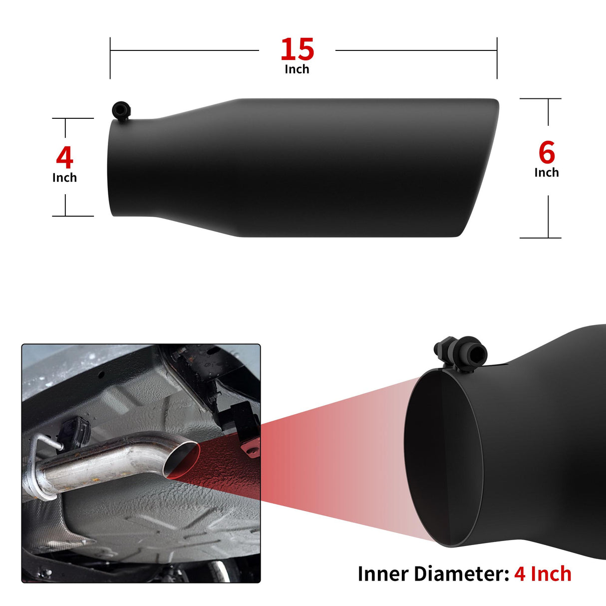 Richeer 4" Inlet Exhaust Tip, 6" Outlet, 12" Length, Black Powder Coated Stainless Steel