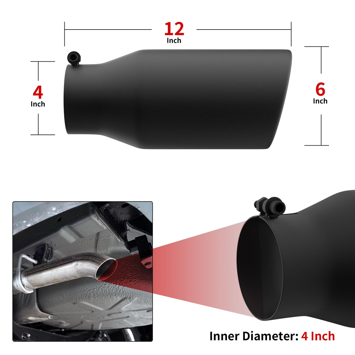 Richeer 4" Inlet Exhaust Tip, 6" Outlet, 12" Length, Black Powder Coated Stainless Steel