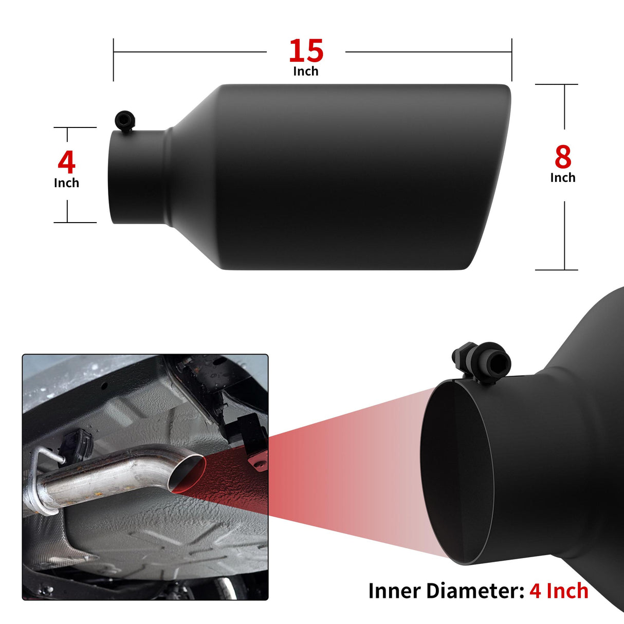 Richeer 4" Inlet Exhaust Tip, 6" Outlet, 12" Length, Black Powder Coated Stainless Steel