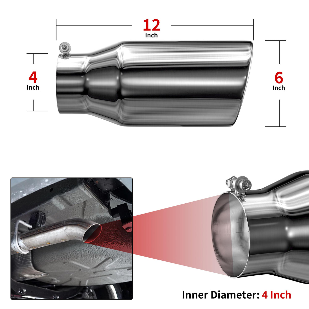 Richeer 4" Inlet Exhaust Tip, 6" Outlet, 12" Length, Chrome Polished Stainless Steel