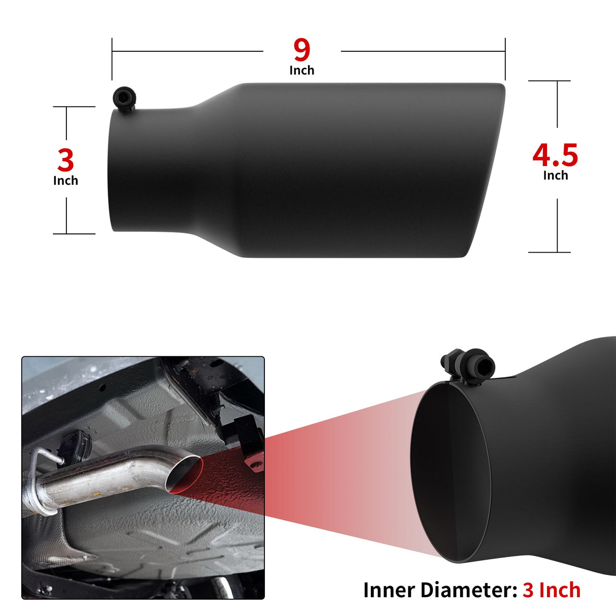 Richeer 3" Inlet Exhaust Tip, 4" Outlet, 12" Length, Black Powder Coated Stainless Steel