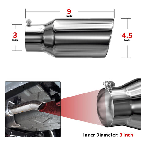 Richeer 3" Inlet Exhaust Tip, 4.5" Outlet, 9" Length, Chrome Polished, Universal