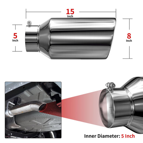 Richeer 5" Inlet Exhaust Tip, 8" Outlet 15" Length Polished Stainless Steel Bolt-on Design Universal