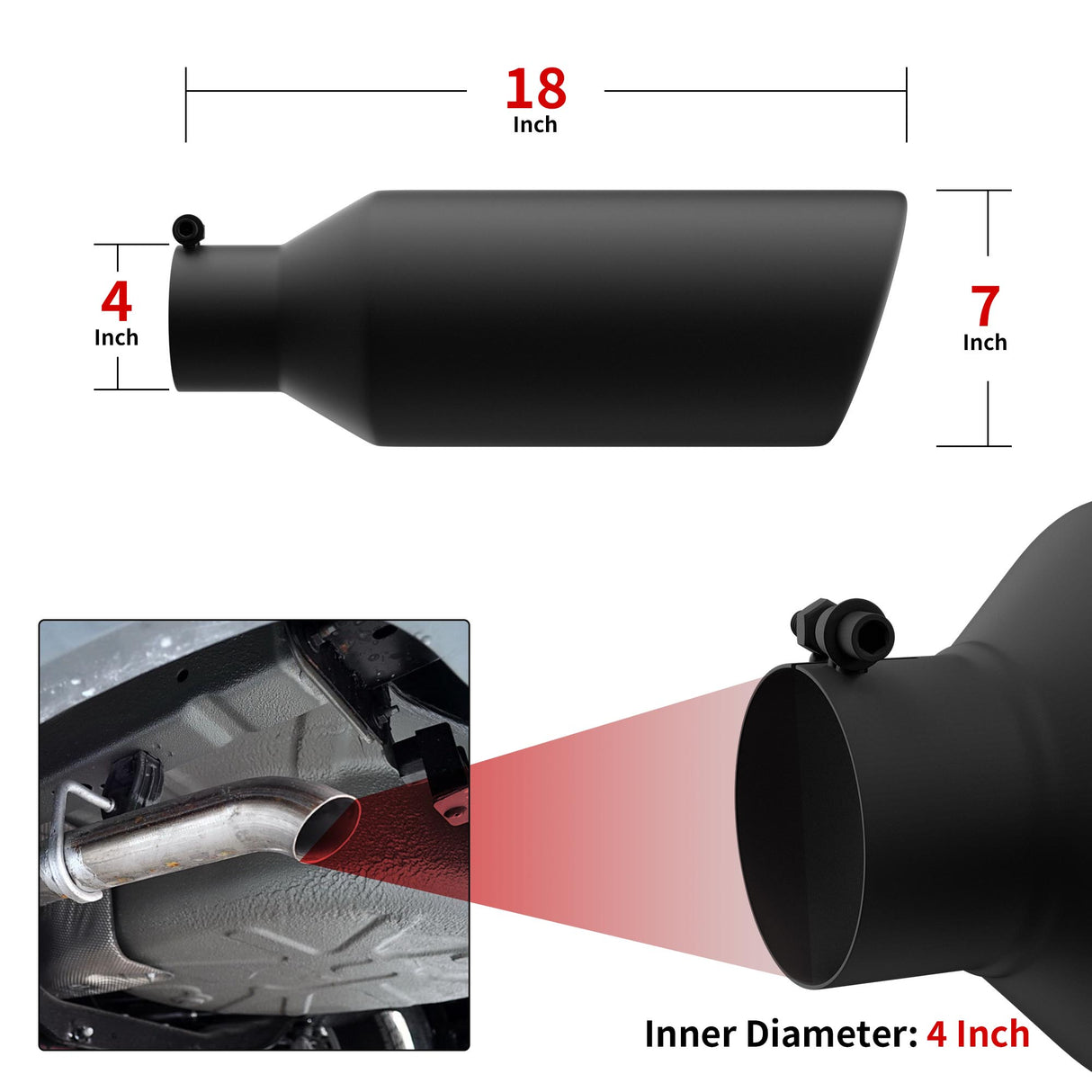 Richeer 4" Inlet Exhaust Tip, 6" Outlet, 12" Length, Black Powder Coated Stainless Steel