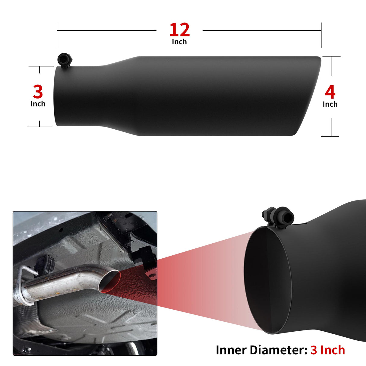 Richeer 3" Inlet Exhaust Tip, 4" Outlet, 12" Length, Black Powder Coated Stainless Steel