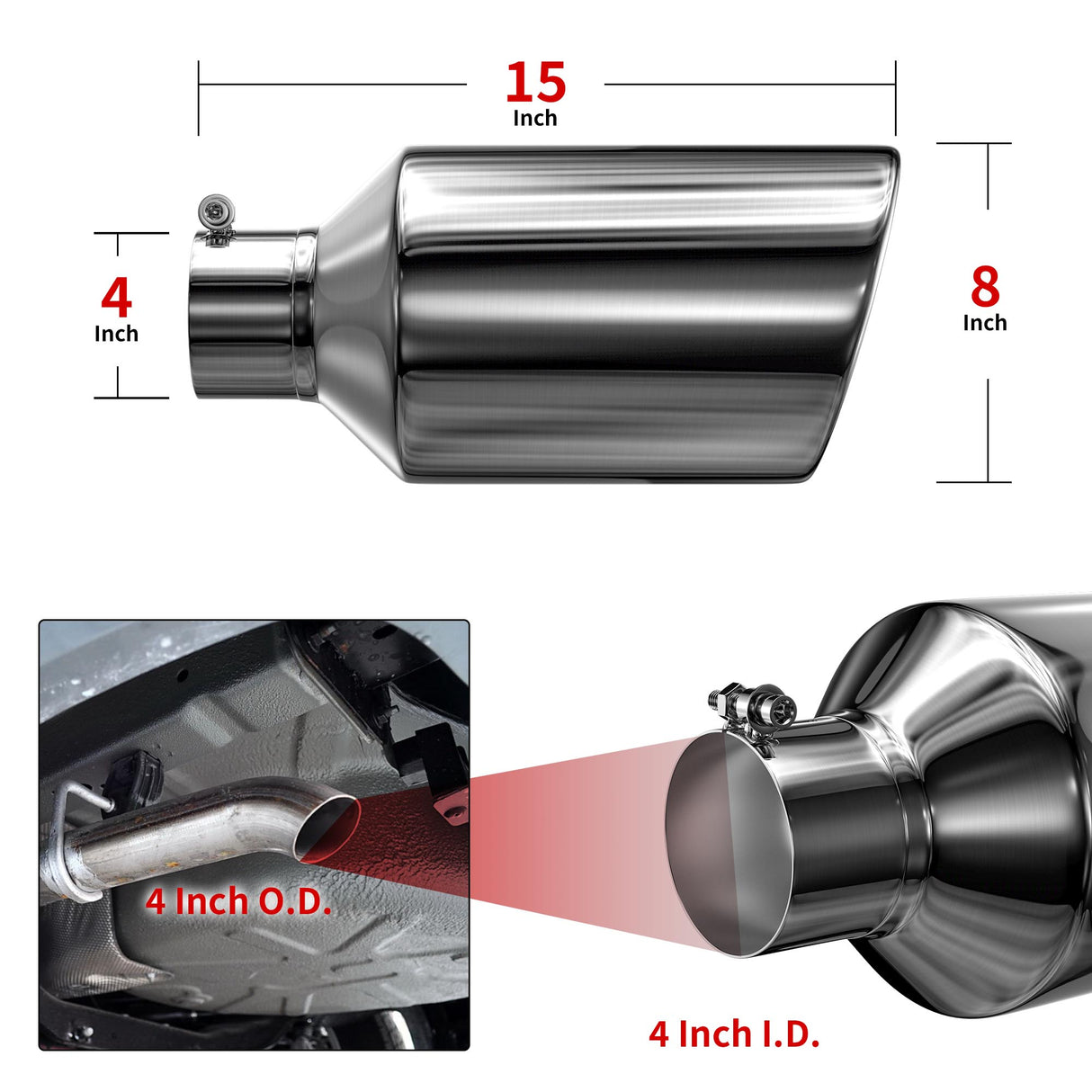 Richeer 4" Inlet Exhaust Tip, 8" Outlet 15" Length Polished Stainless Steel Universal for 4" O.D. Tailpipe