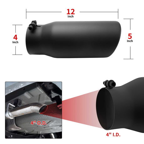 Richeer 4" Inlet to 5" Outlet Exhaust Tip, 12" Length Black Powder Coated Stainless Steel Universal