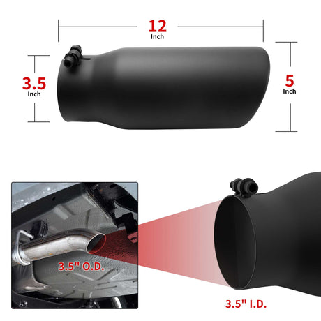 Richeer 3.5" Inlet to 5" Outlet Exhaust Tip, 12" Length, Black Stainless Steel Universal