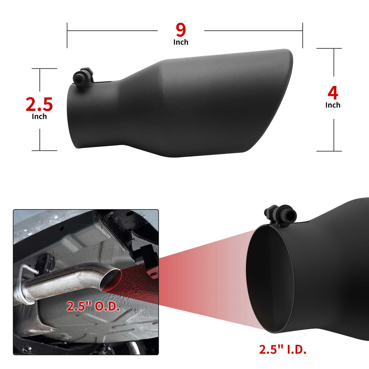 Richeer 2.5" Inlet Exhaust Tip, 4" Outlet, 9" Length, Black Powder Coated Finish, Bolt-On Design, for 2.5" O.D. Tailpipe