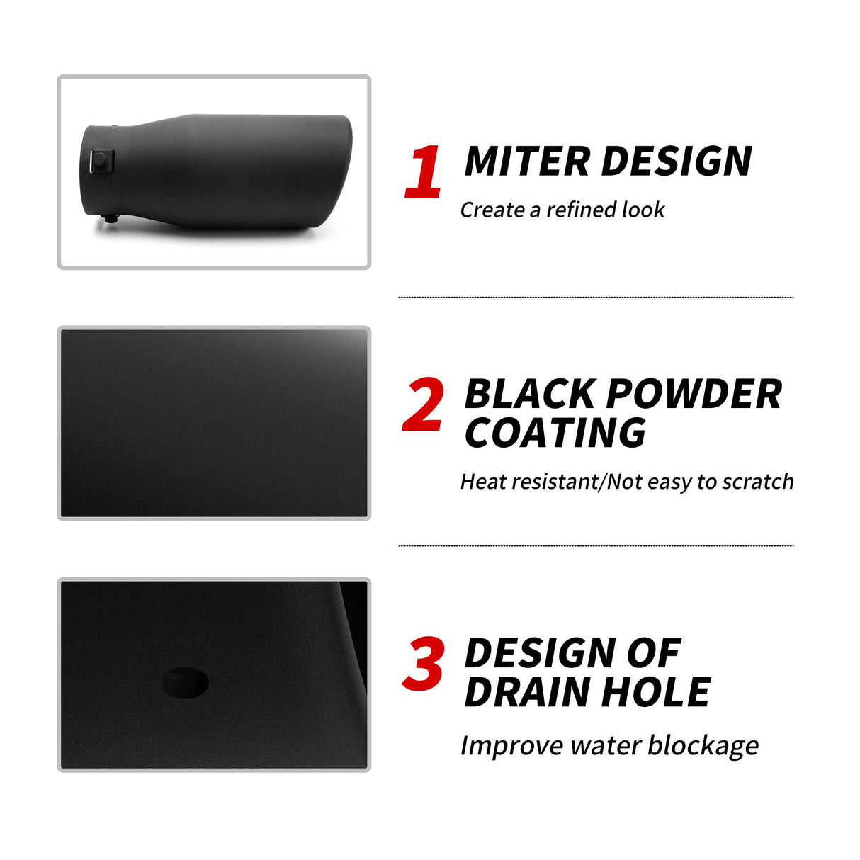 Richeer 1.5-2.5" Inlet Exhaust Tip, 4" Outlet, 9" Length, Stainless Steel, Black Powder Coated Finish