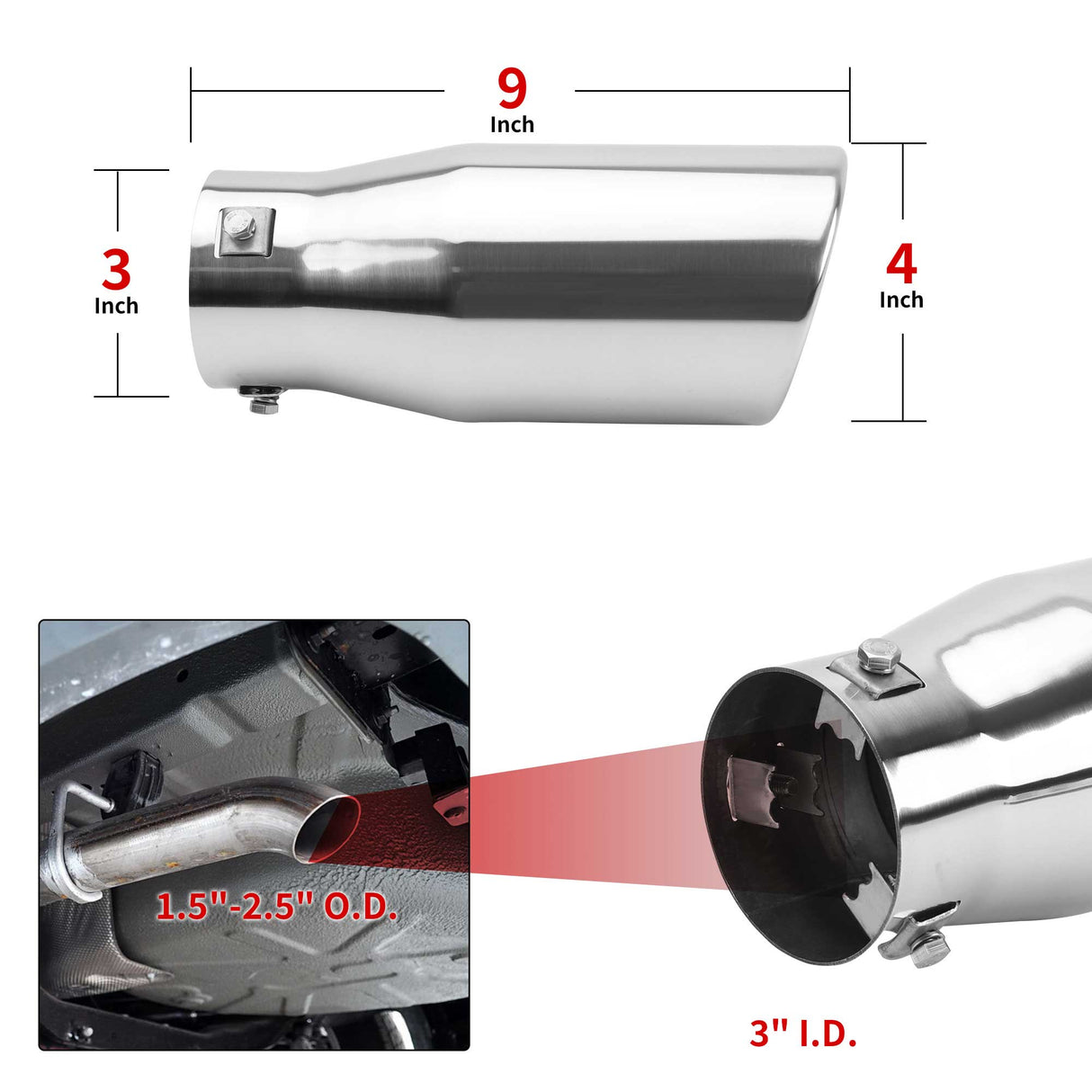 Richeer 1.5-2.5" Inlet Exhaust Tip, 4" Outlet, 9" Length, Stainless Steel, Polished Finish, Fits 1.5"-2.5" O.D. Tailpipe