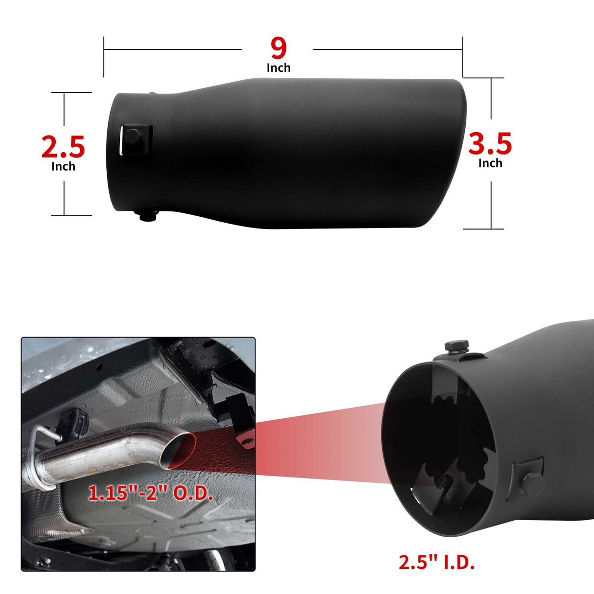 Richeer 1.15-2" Inlet Exhaust Tip, 3.5" Outlet, 9" Length, Stainless Steel, Black