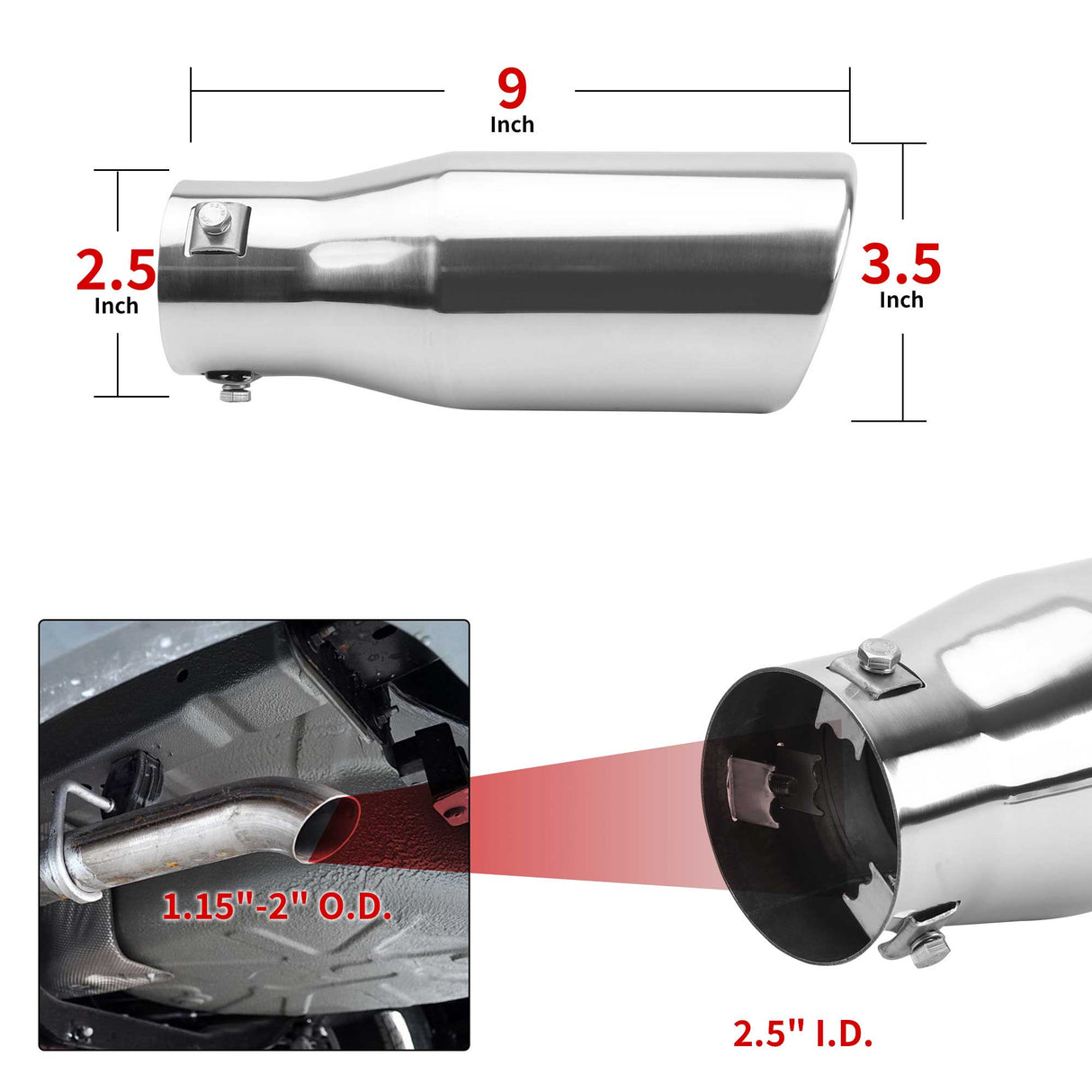 Richeer 1.15-2" Inlet Exhaust Tip, 3.5" Outlet, 9" Length, Stainless Steel, Polished Finish