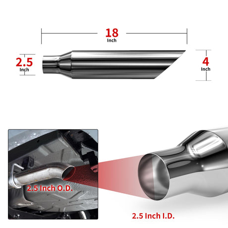 Richeer 2.5" Inlet Exhaust Tip, 4" Outlet, 18" Length, Stainless Steel, 2PCS, Universal