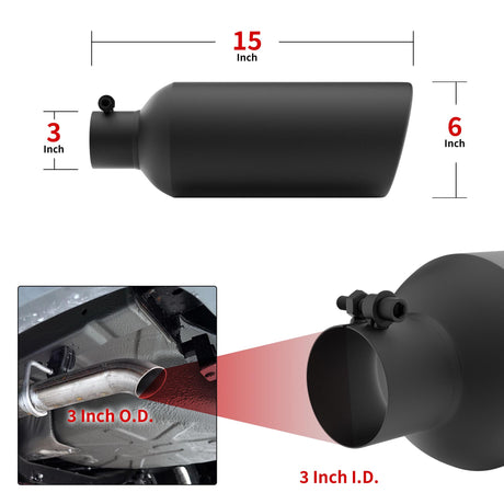 Richeer 3" Inlet Exhaust Tip, 6" Outlet, 15" Length, Black Powder Coated Stainless Steel