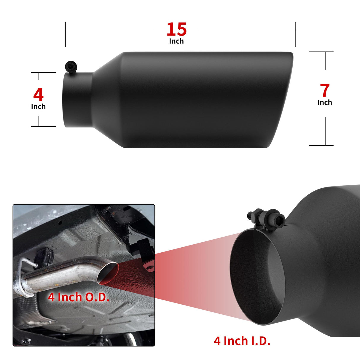 Richeer 4" Inlet to 7" Outlet Exhaust Tip, 15" Length Black Powder Coated Stainless Steel Universal for 4" O.D. Tailpipe