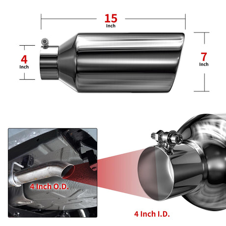 Richeer 4" Inlet to 7" Outlet Exhaust Tip, 15" Length Polished Stainless Steel Universal for 4" O.D. Tailpipe