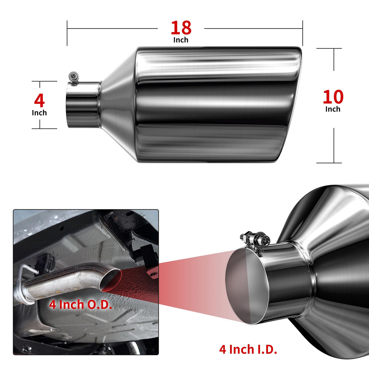 Richeer 4" Inlet to 10" Outlet Exhaust Tip, 18" Length Polished Stainless Steel Universal